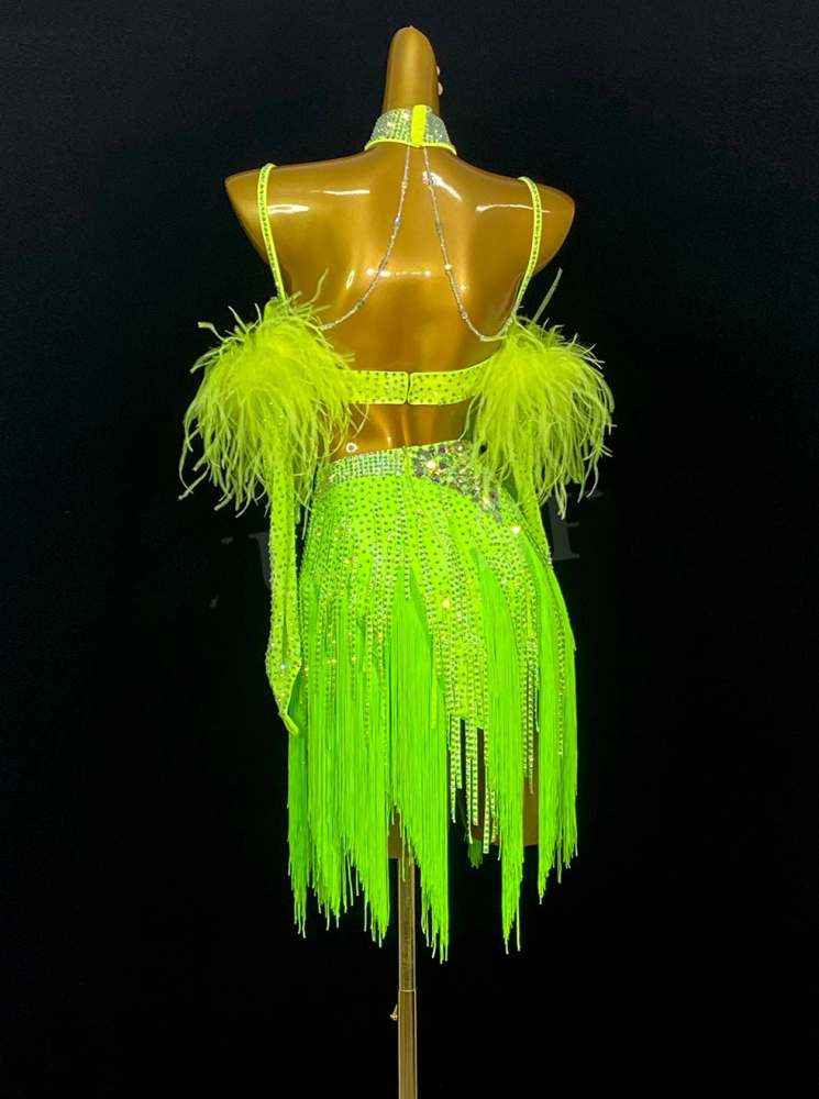 Custom Size Neon Green Feather Competition Latin Dance Dresses for Women Girls Salsa Rumba Chacha Latin Dance Costumes