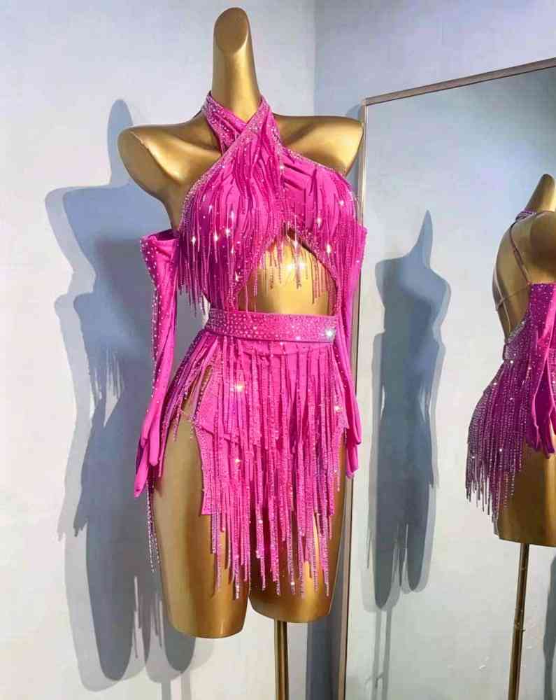 Custom Size Bling Fringe Latin Dance Dress for Women Light Blue Lavender Blackpool Dance Wear