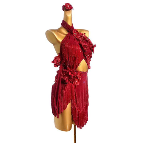 Custom size competition Latin dance dresses for women girls kids wine blue black bling fringe solo flower costume - Moderndancedress.com