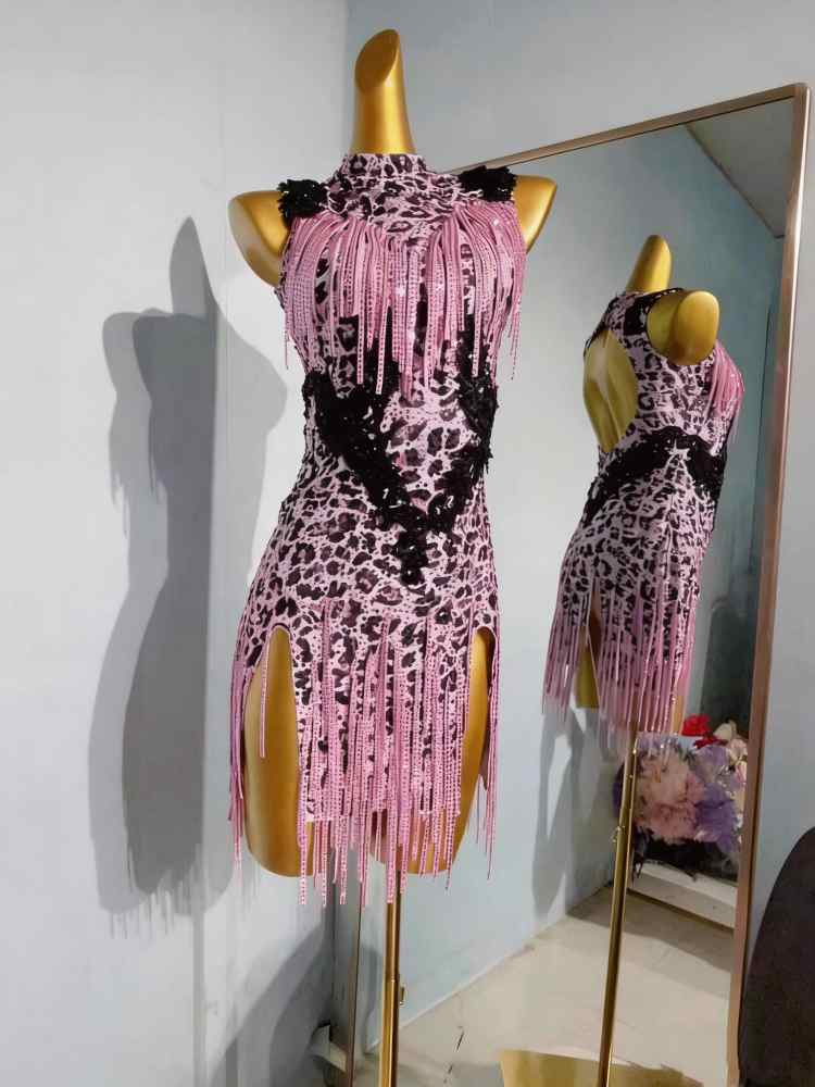 Custom Size Pink Leopard Latin Dance Dresses Salsa Chacha Dancing Costumes
