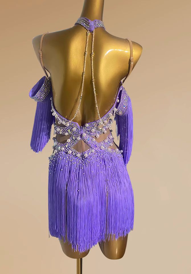 Custom Size Lavender Fringe Latin Dance Dresses Salsa Latin Chacha Professional Dance Costumes for Women Girls
