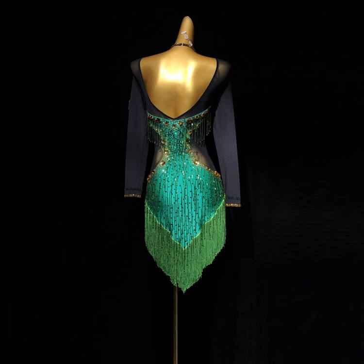 Custom Size Competition Latin Dance Dresses for Women Green with Gold Diamond Salsa Rumba Latin Dance Costume