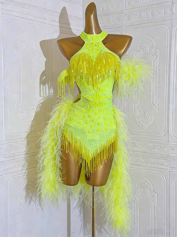 Custom Size Feather Competition Latin Dance Dress Neon Yellow Ballroom  Performance Clothing