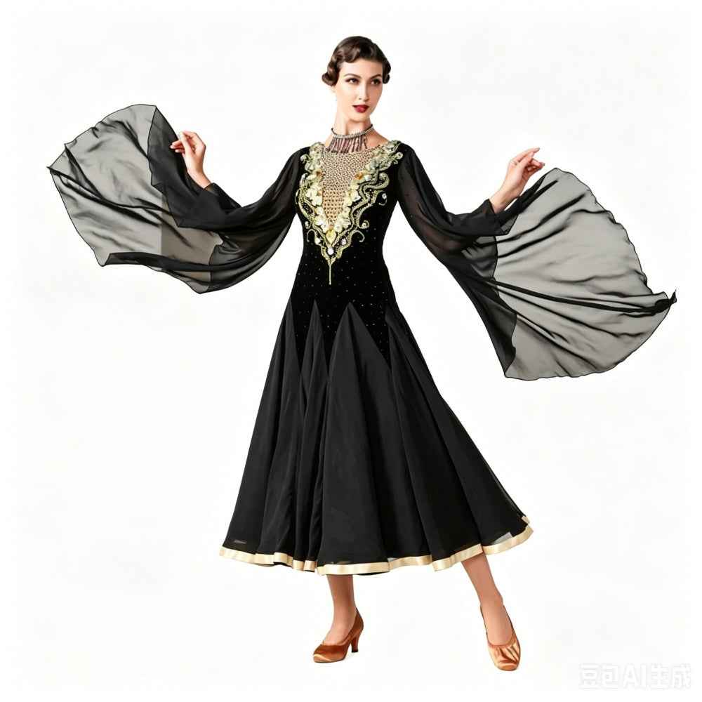 Custom Size Black with Gold Crystal Competition Ballroom Dance Dress Waltz Tango Rhythm Foxtrot Dance Gown