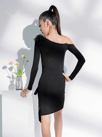 Girls Kids Black Flowers Slant Neck Latin Dance Dresses Irregular Skirts Salsa Latin Long-sleeved Peformance Clothes for Children - Moderndancedress.com
