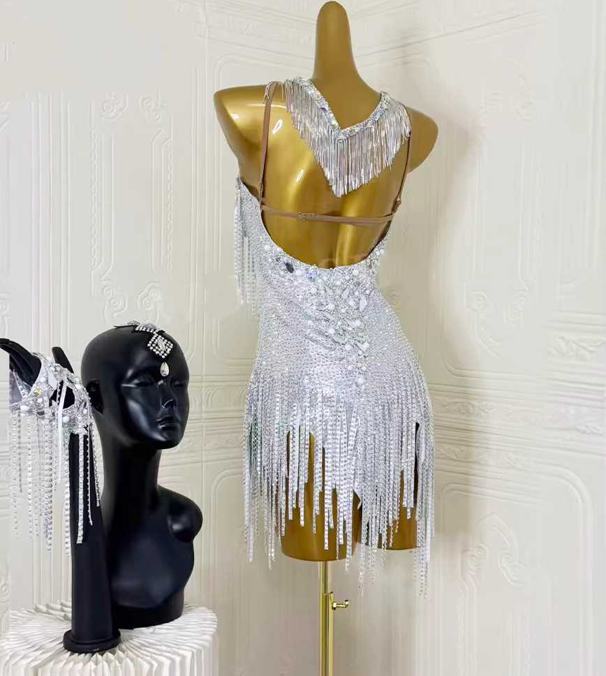 Custom Size Silver Fringe Latin Dress for Women Salsa Ballroom Performance Costumes