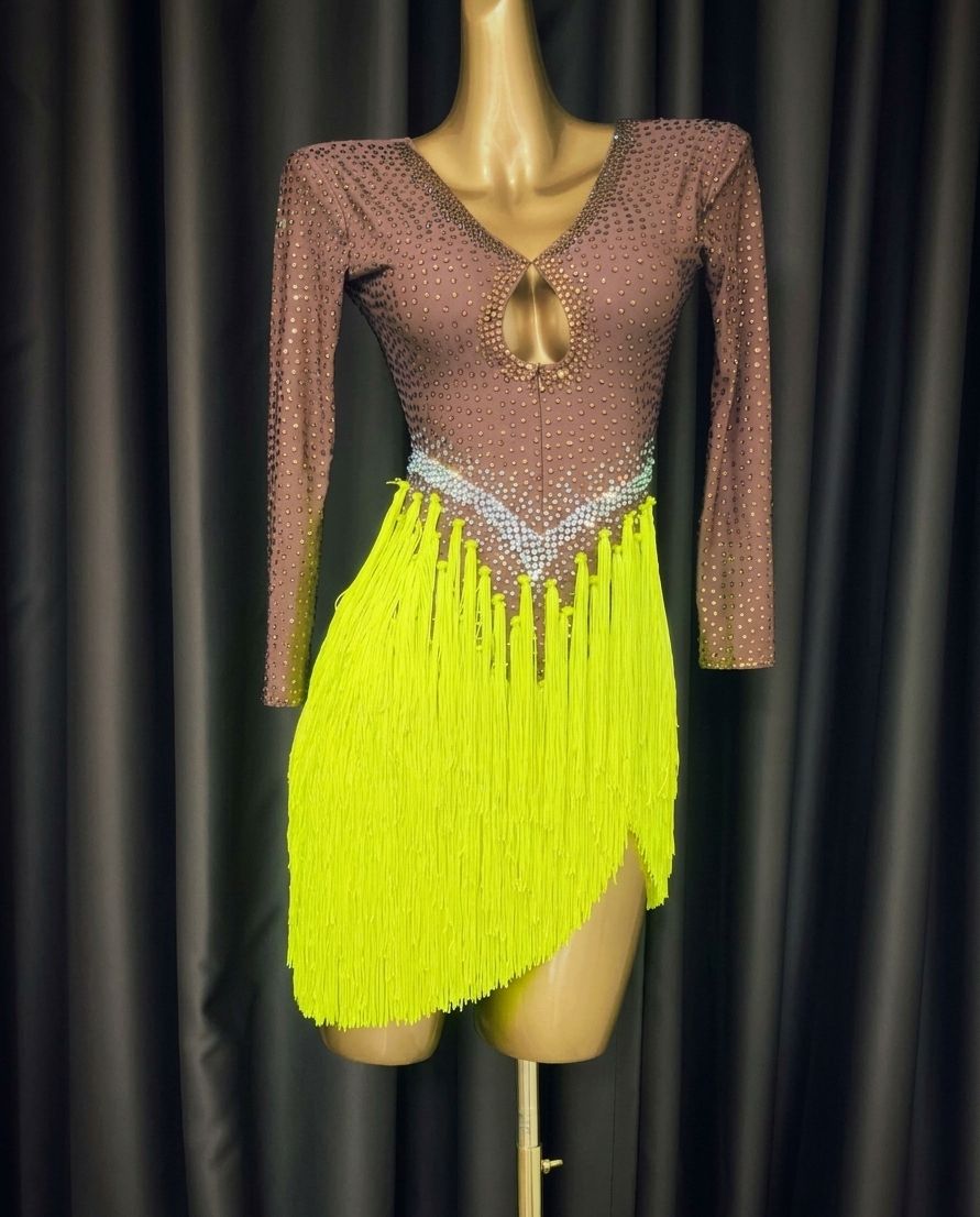 Custom Brown & Neon Yellow Latin Dance Dress Long Sleeve Salsa Gown