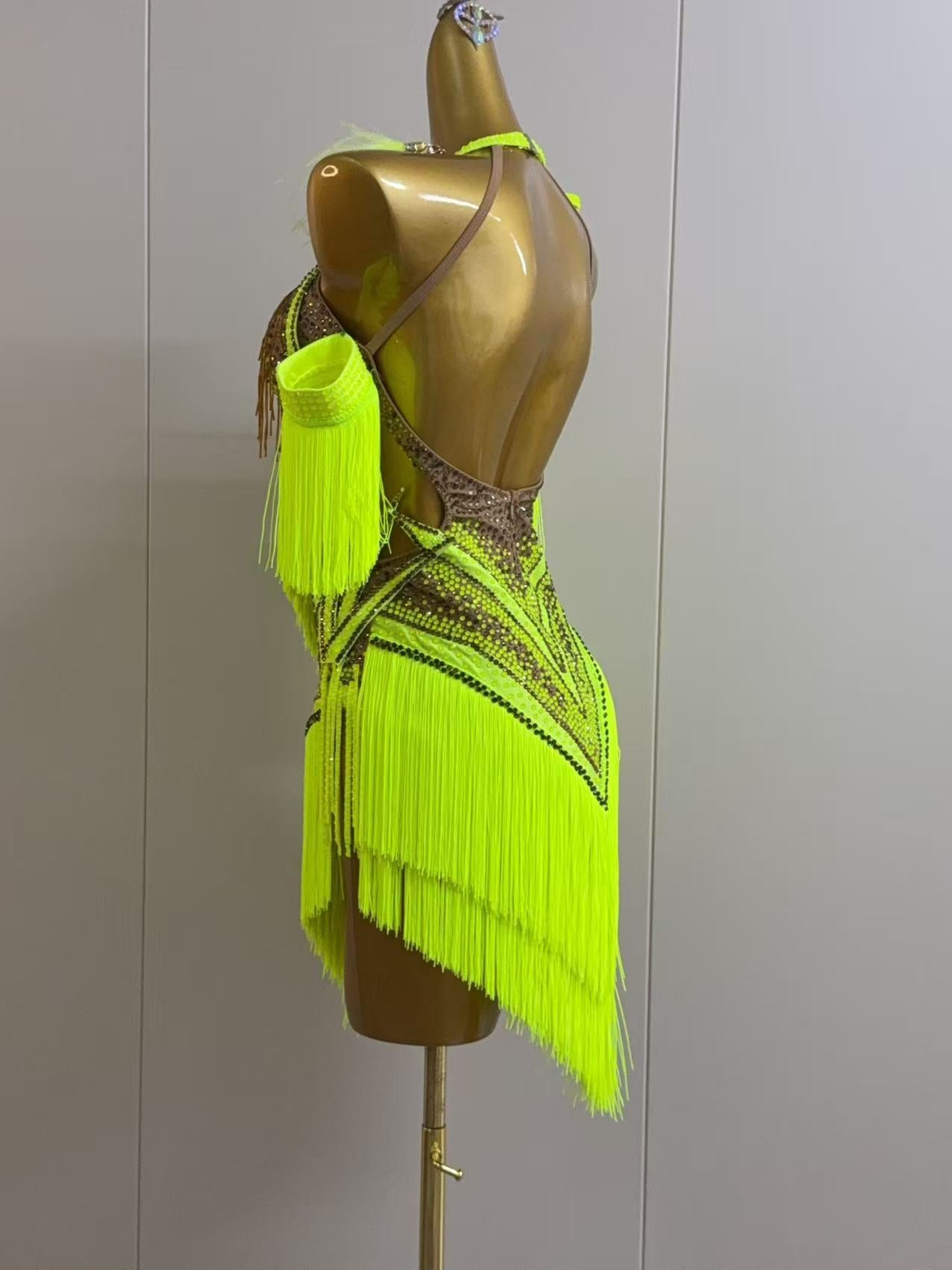 Custom Neon Yellow Latin Dance Dress with Gold Tassels & Crystals