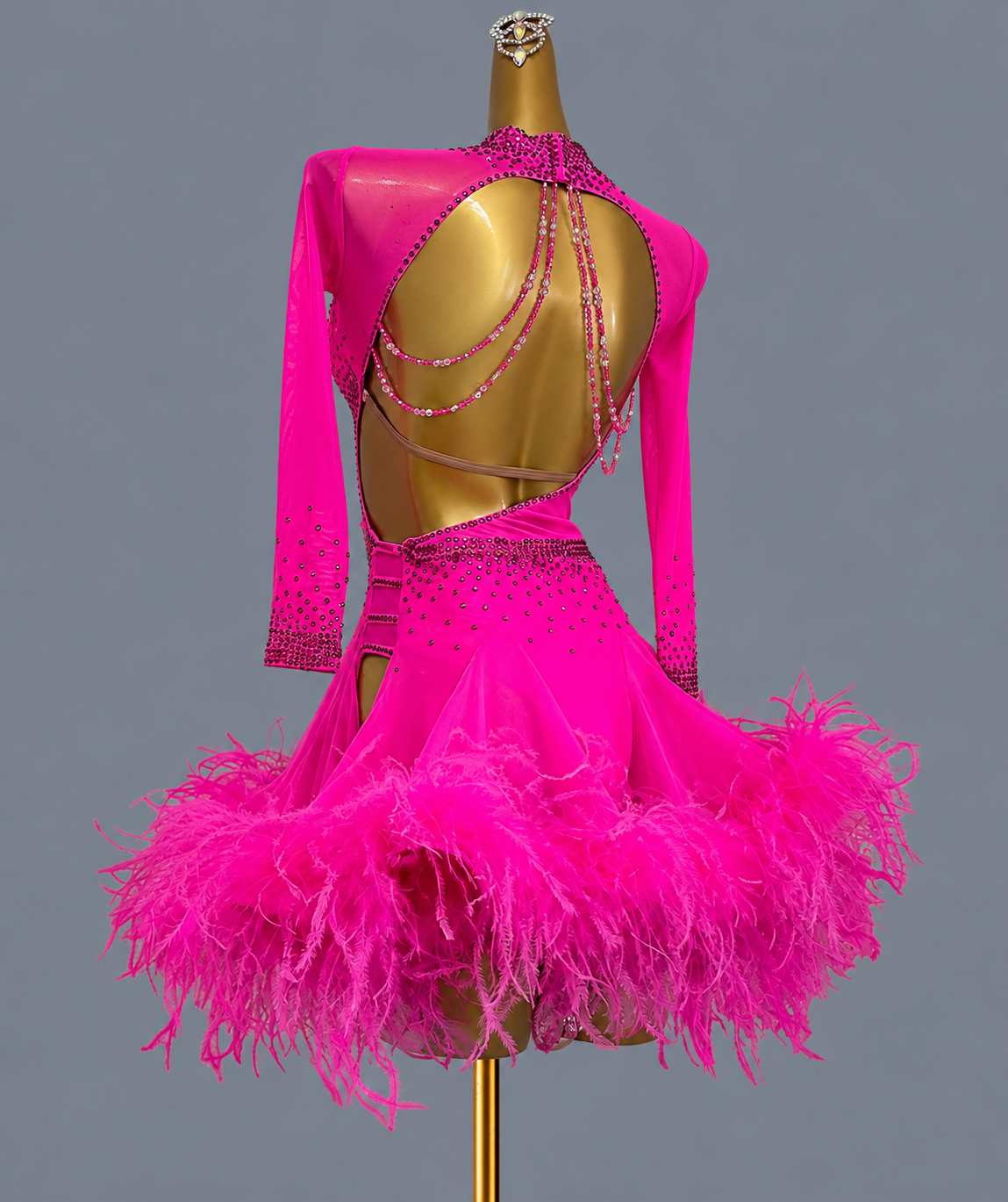Custom Black Latin Dance Dress with Feathers & Crystals Salsa Chacha Competition Gown