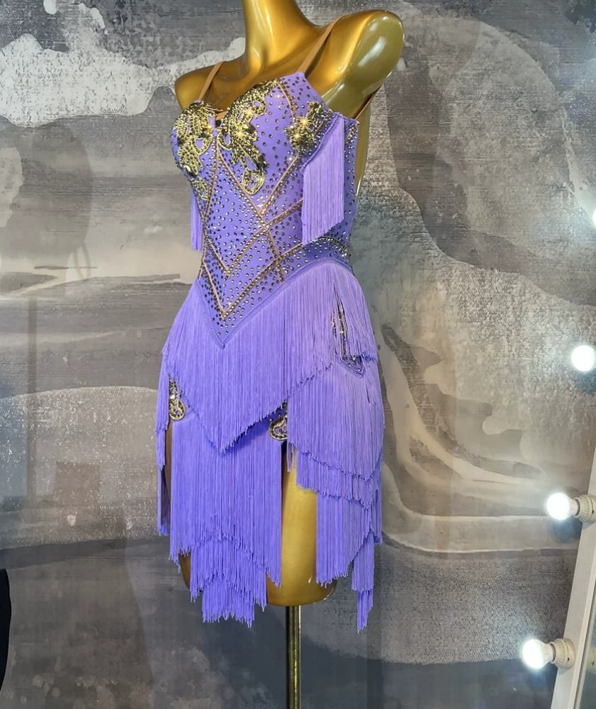 Custom Size Latin Dance Dress Spaghetti Strap Purple Gold Crystal Fringe Professional Salsa Ballroom Dance Gown