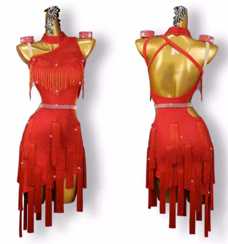 Red One Shoulder Fringe Competition Latin Dance Dresses for Girls Women Professional Salsa Rumba Chacha Dance Clothing - Moderndancedress.com