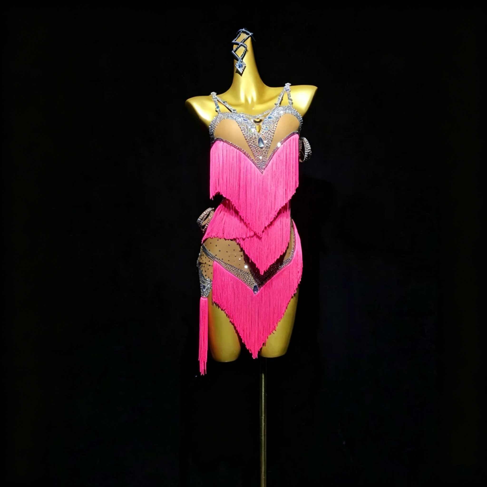Custom Size Competition Latin Dance Dress for Women Fuchsia Green Blue Fringe Blackpool Dance Gown
