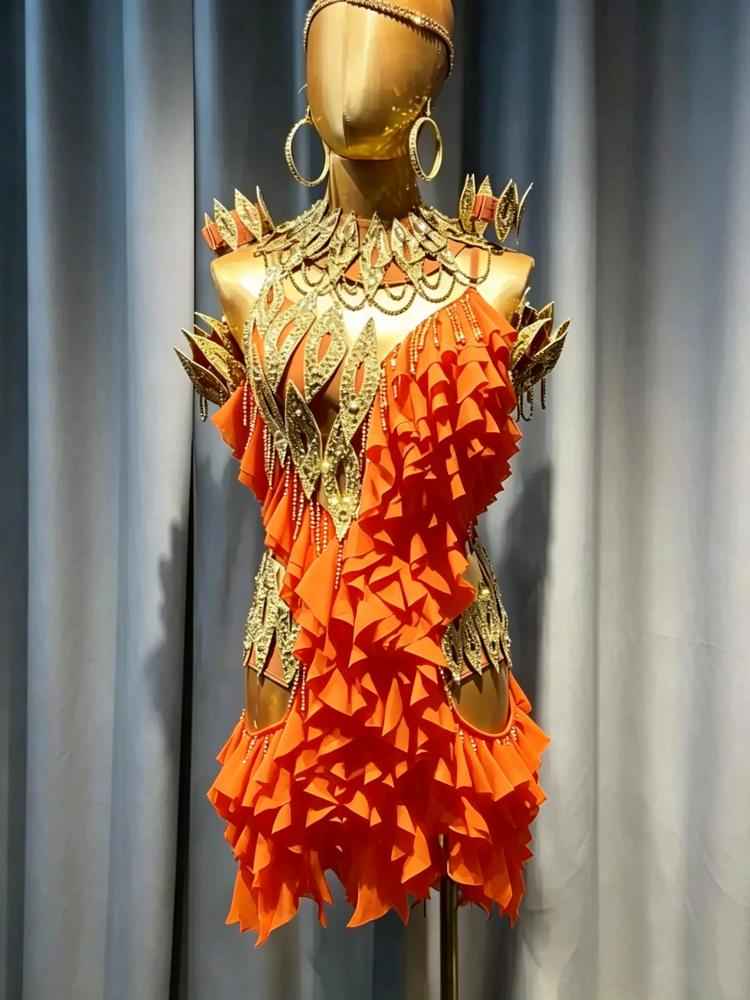 Custom Black & Gold Latin Dance Dress - Rhinestone Rhythm Competition Gown
