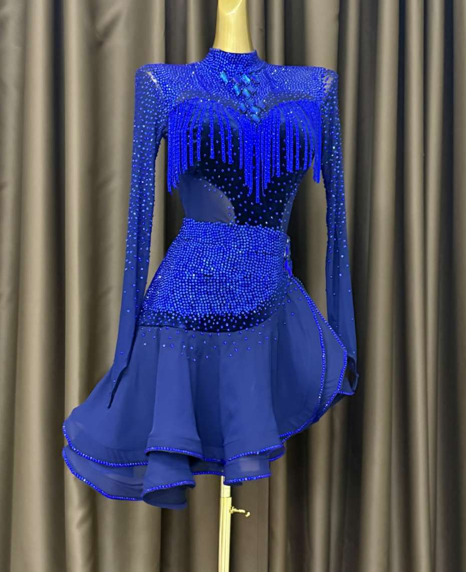 Custom Royal Blue Latin Dance Dress - Full Rhinestone Long Sleeve Salsa Dance Gown