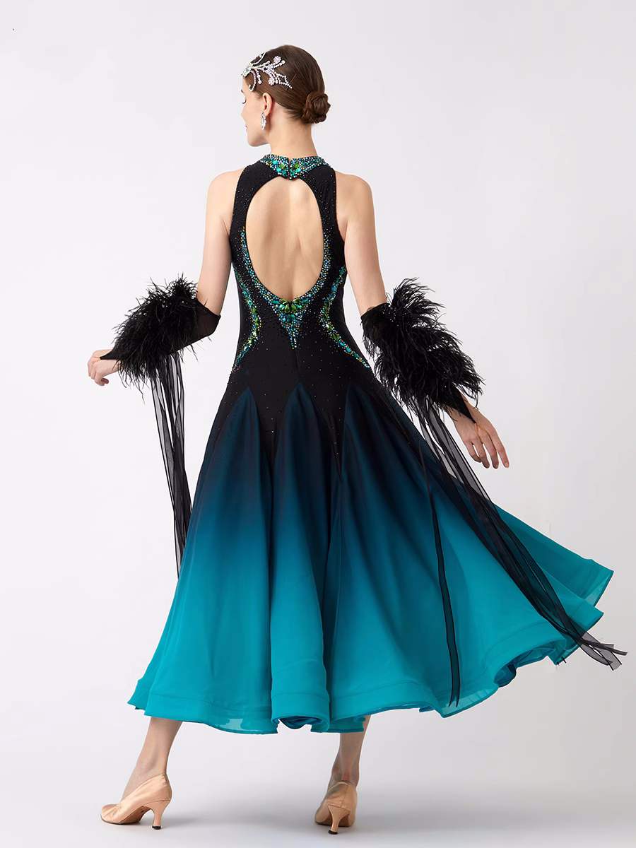 Custom Size Green Blue Competition Ballroom Dance Dresses for Women Girls Crystal Waltz Tango Foxtrot Dance Long Gown - Moderndancedress.com