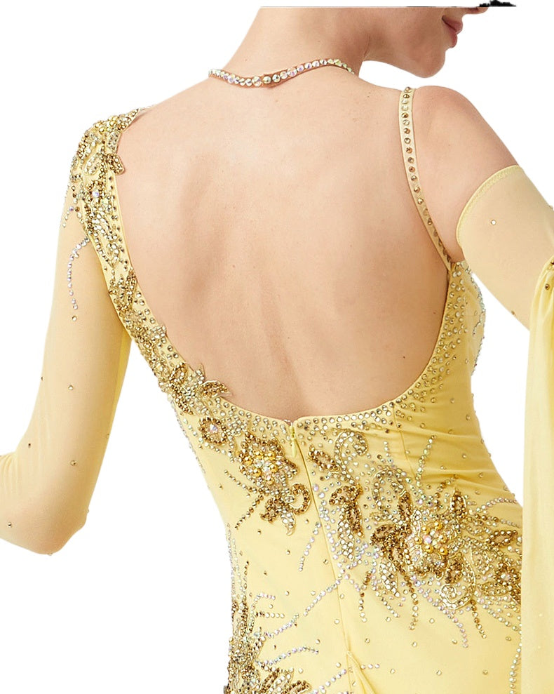 Custom Size Yellow Competition Ballroom Dance Dresses for Women One Shoulder Standard Waltz Tango Rhytm Smooth Dance Long Gown - Moderndancedress.com
