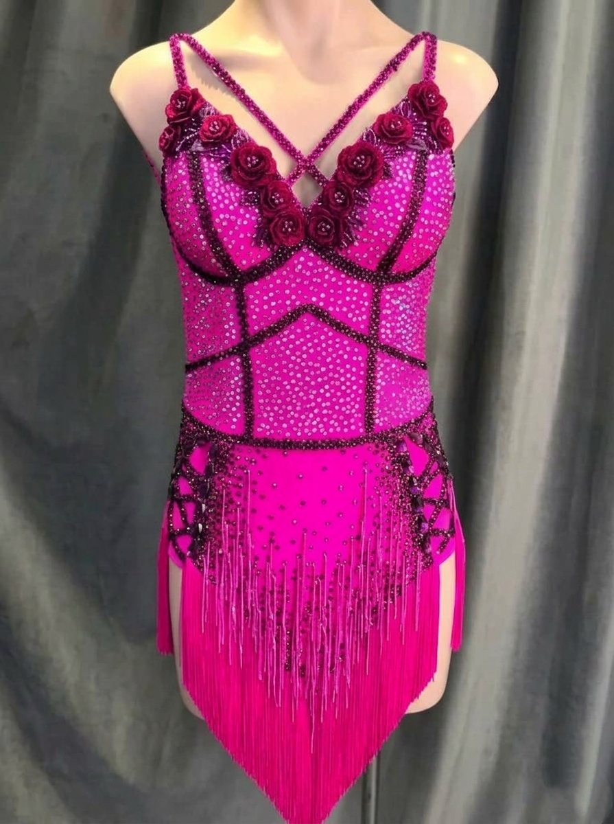 Custom Violet Latin Dance Competition Dress  3D Floral & Crystal Gown