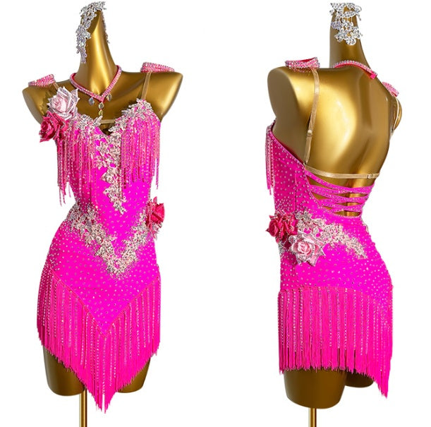Custom Size Fuchsia Competition Fringe Latin Dance Dresses for Women Girls Salsa Rumba Chacha Performance Costumes - Moderndancedress.com