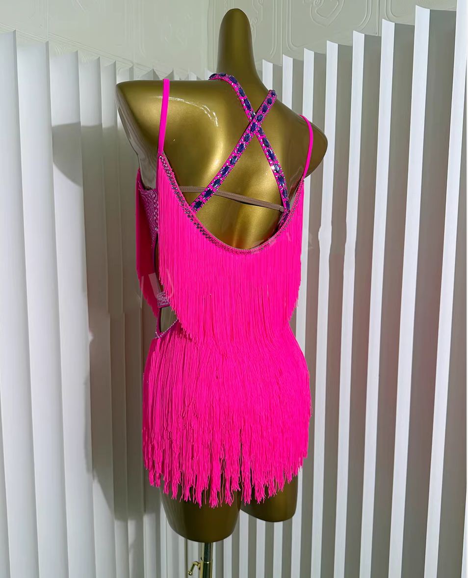 Custom Size Fuchsia Competition Latin Dance Dress Salsa Chacha Blue Bling Fringe