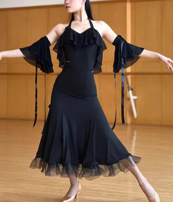 Ballroom Dance Dresses for Women Girls Ruffles Black Pink Lace Waltz Tango Rhythm Dance Long Skirts