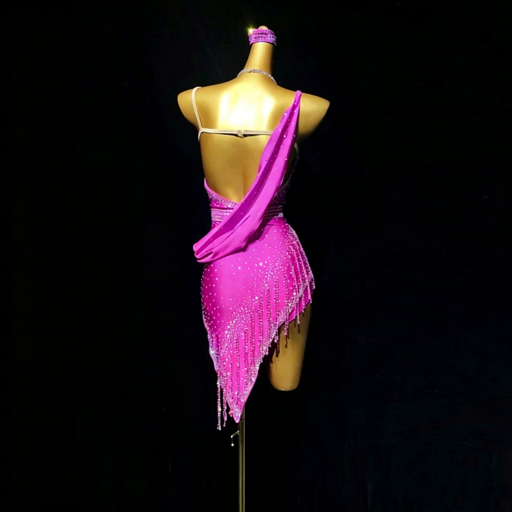 Custom Size Violet Fuchsia Competition Latin Dance Crystal Fringe Inclined Skirt Salsa Chacha Dance Wear