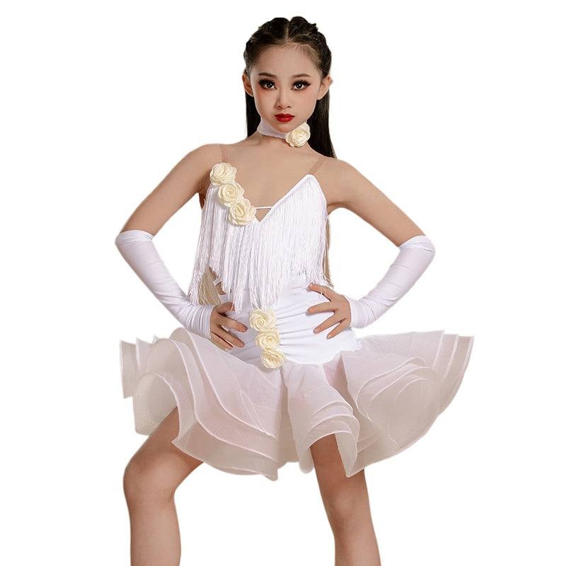 Neon Green Red Fringed Latin Dance Dresses for Girls Kids Salsa Rumba Chacha Event White Latin Performance Costumes - Moderndancedress.com