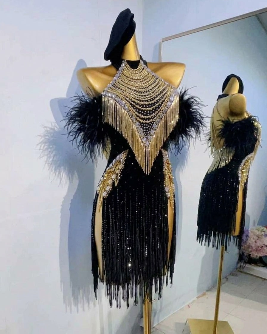 Custom Latin Dance Competition Dress: Black & Gold Fringe with Feather