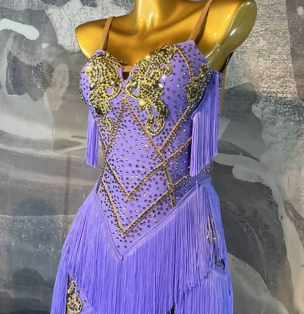 Custom Size Latin Dance Dress Spaghetti Strap Purple Gold Crystal Fringe Professional Salsa Ballroom Dance Gown