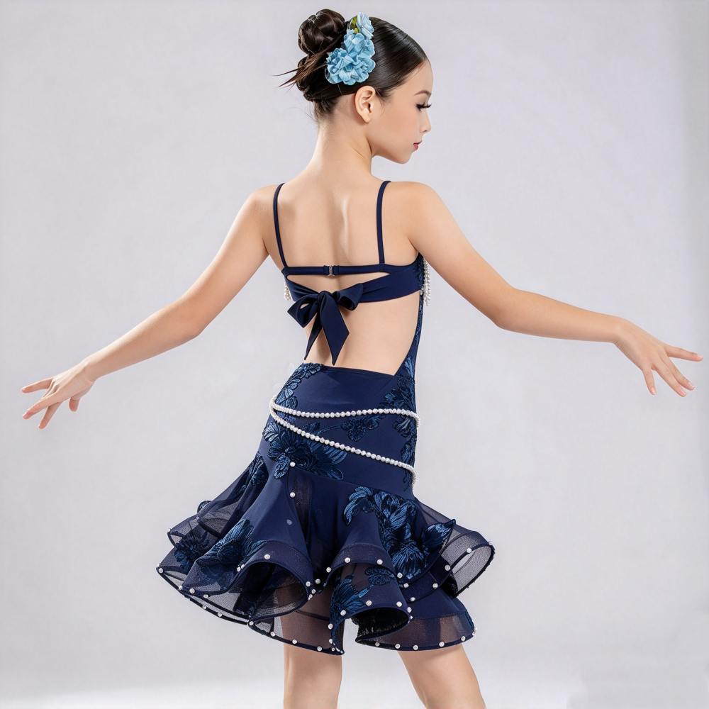 Girls Mint Green Latin Dance Dress Kids Pearl Fringe Cha-Cha Salsa Competition Gown
