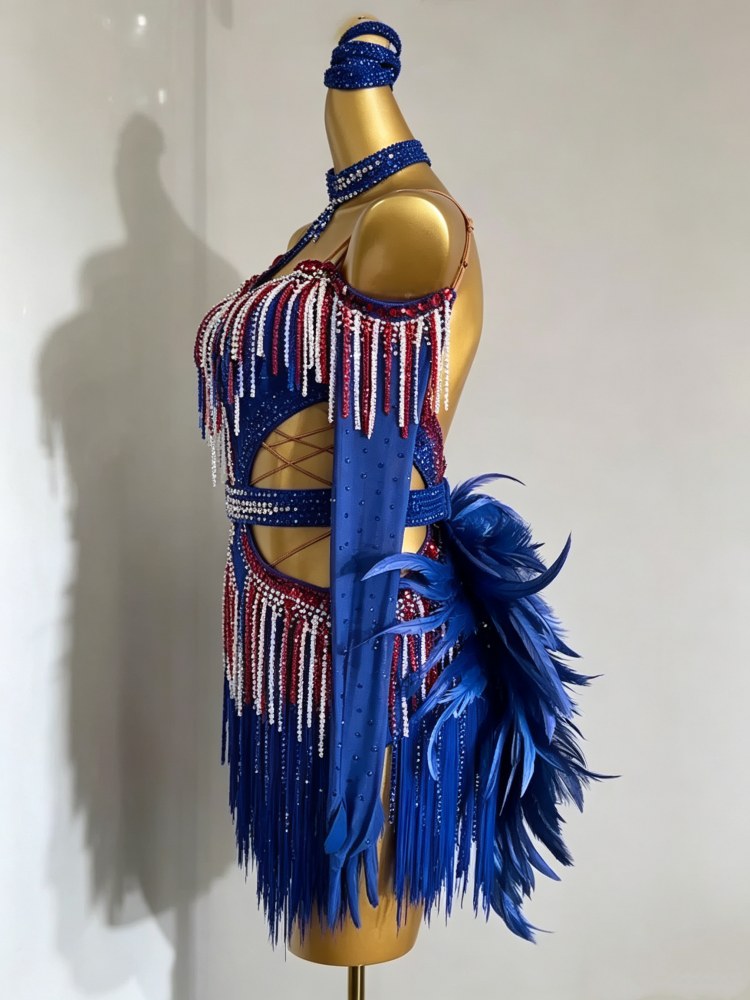 Custom Royal Blue Orange Latin Dress | Cutout Salsa Cha Cha Competition Outfit
