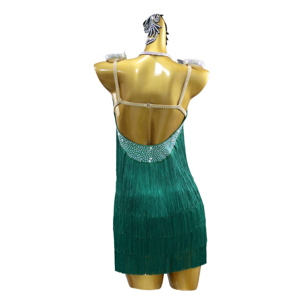 Women girls dark green fringe competition Latin Dance Dress salsa rumba chacha jive latin dancing Clothing Blackpool outfits