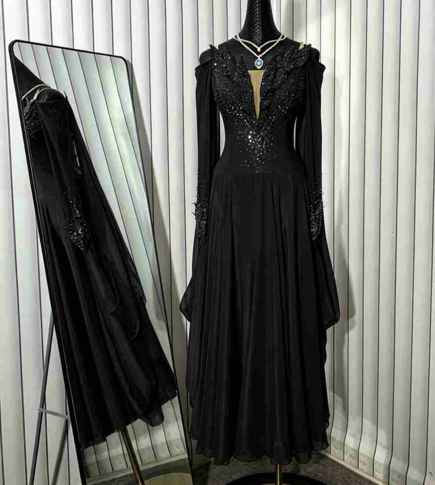 Custom Black Petals American Smooth Dance Dress Standard Waltz Ballroom Tango Gown