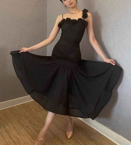 Women girls One Shoulder Slant Neck Flowers Ballroom Dance Dresses  Burgundy Black Waltz Tango Foxtrot Smooth Dance Rhythm Performance Long Skirts - Moderndancedress.com