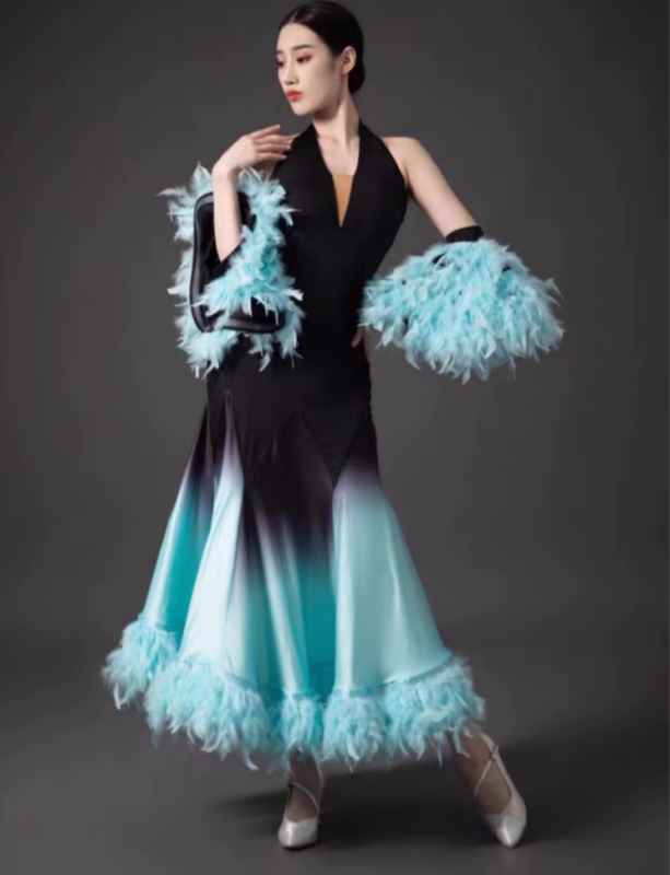 White Mint Green Feather Waltz Modern Ballroom Dance Dresses for Women Girls  Art Test National Standard Competition Foxtrot Smooth Dance Long Gown - Moderndancedress.com