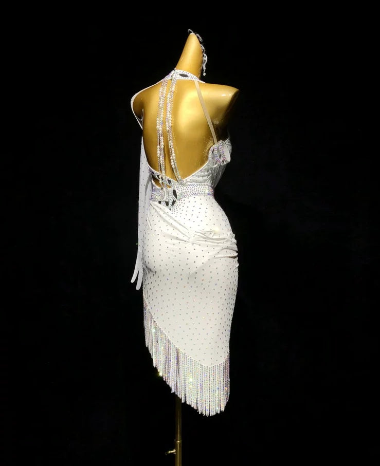 Custom Size White Fuchsia Bling Competition Latin Dance Dress Salsa Chacha Blackpool Dance Wear
