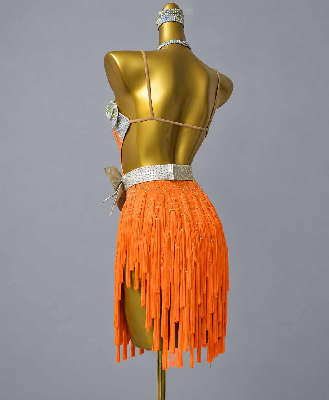 Custom Orange Latin Competition Dress 3D Petals Crystal Salsa Chacha Dance Gown