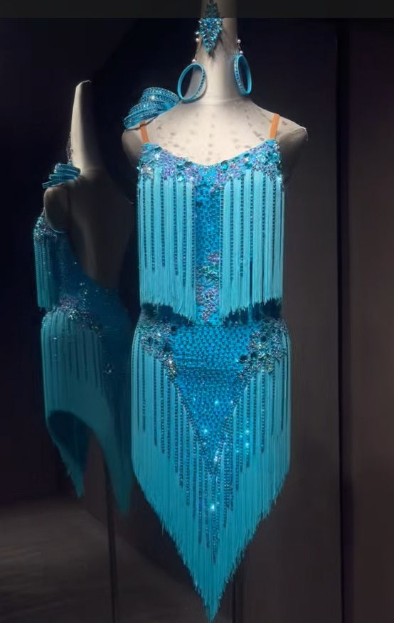 Custom Size Turquoise Fringe Latin Dance Dress with Sparkling Crystals