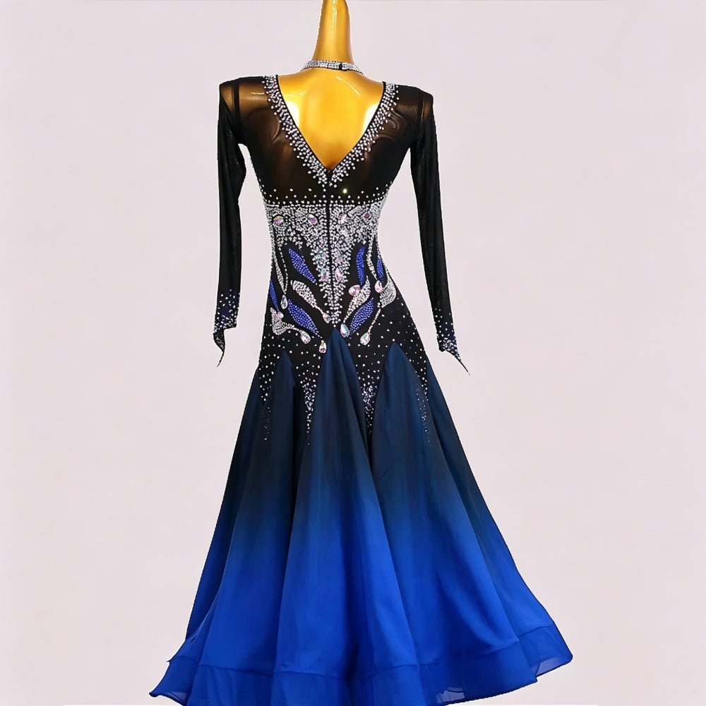 Custom Size Competition Royal Blue Gradient Ballroom Dance Dress Rhinestones Waltz Tango Performance Gown