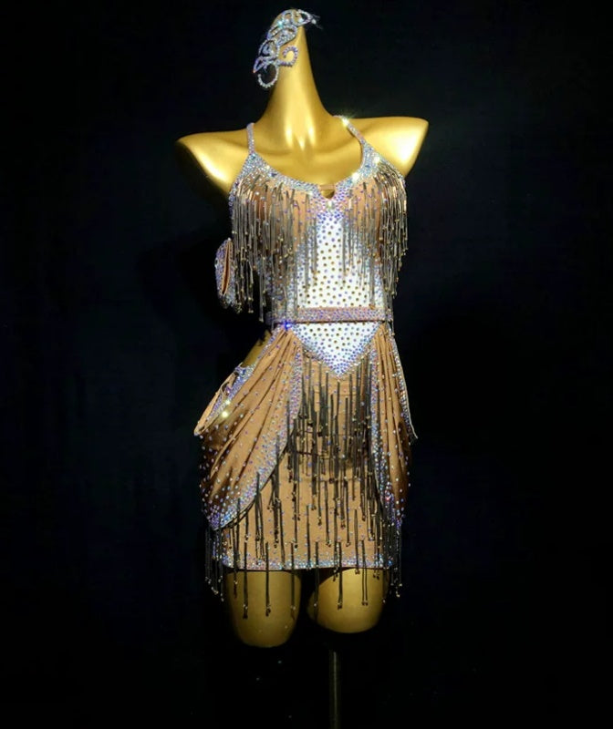 Custom Size Gold Bead Tube Fringe Competition Latin Dance Dress Blackpool Salsa Chacha Perform Clothing