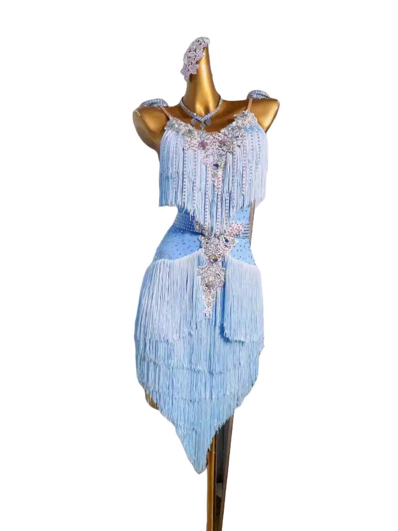Custom Size Blue Pink Red Rhinestones Competition Latin Dance Dresses for Women Girls Salsa Rumba Chacha Tassel Dancing Skirts - Moderndancedress.com