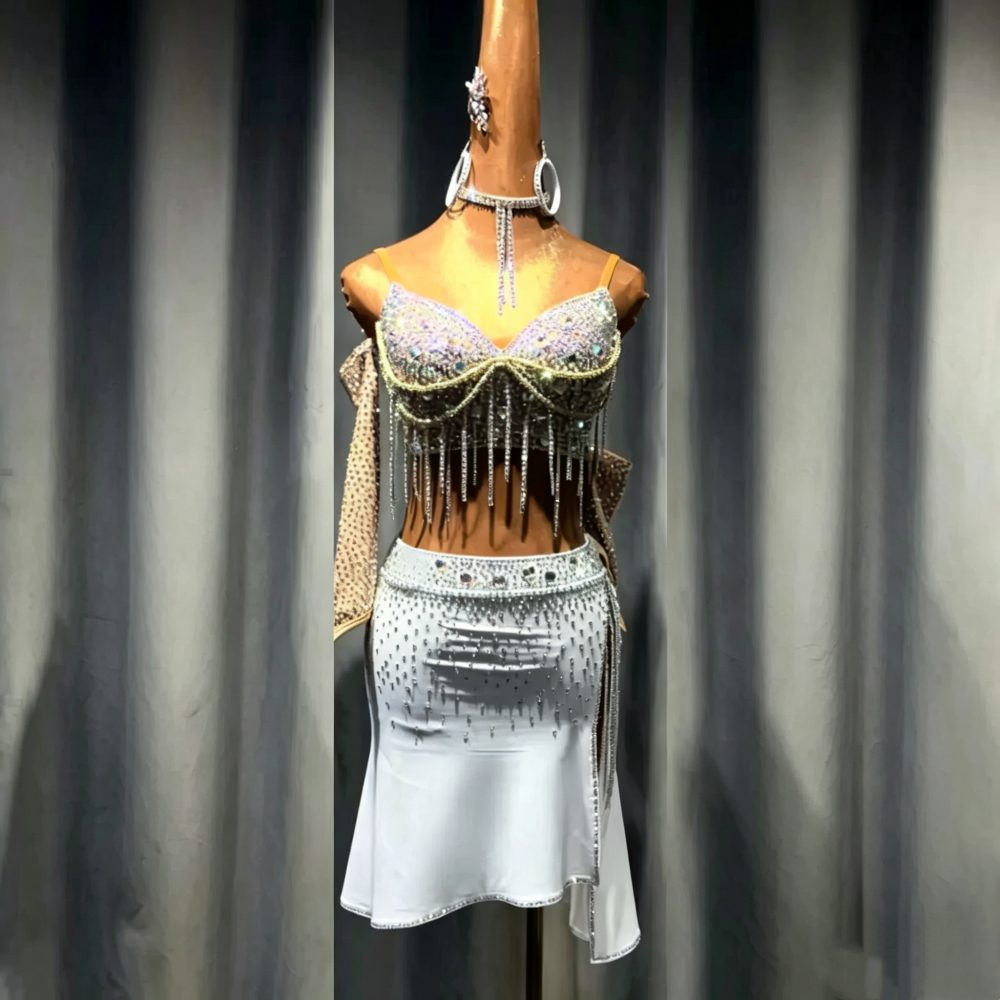 Custom White Two-Piece Latin Dance Dress Crystal Fringe Salsa Blackpool Competition Set