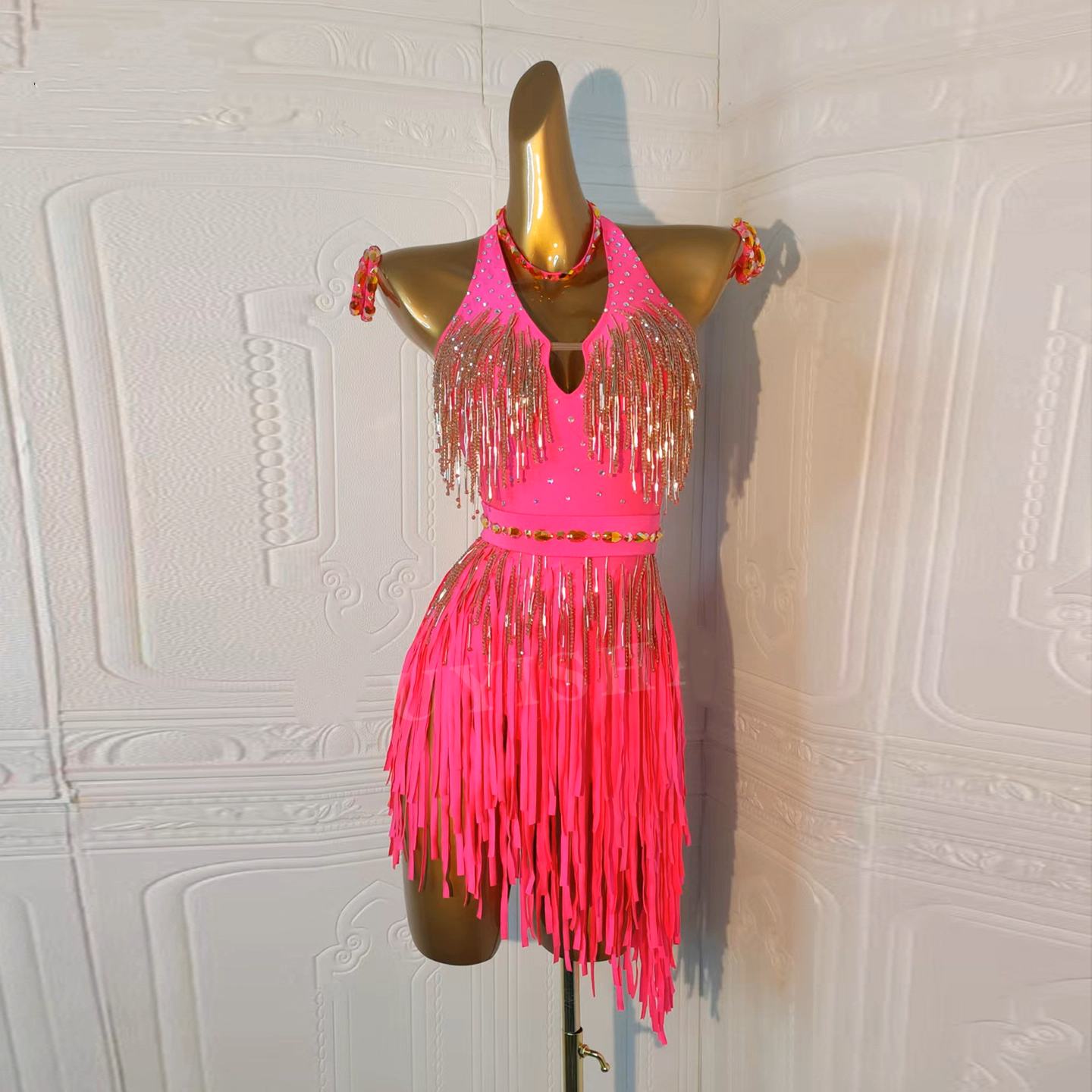 Custom Size Pink Gold Fringe Competition Latin Dance Dresses for Women Girls Salsa Rumba Chacha Samba Ballroom Dance Wear