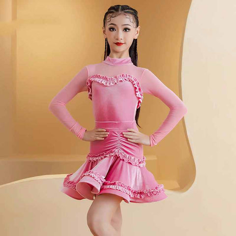 Pink Green Velvet Lace Latin Dance Dresses for Girls Kids Salsa Rumba Chacha Ballroom Professional Dance Performance Competition Outfits for Children - Moderndancedress.com
