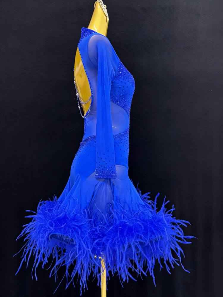 Custom Size Royal Blue Women's Latin Dance Dresses Feather Salsa Rumba Chacha Performance Costumes