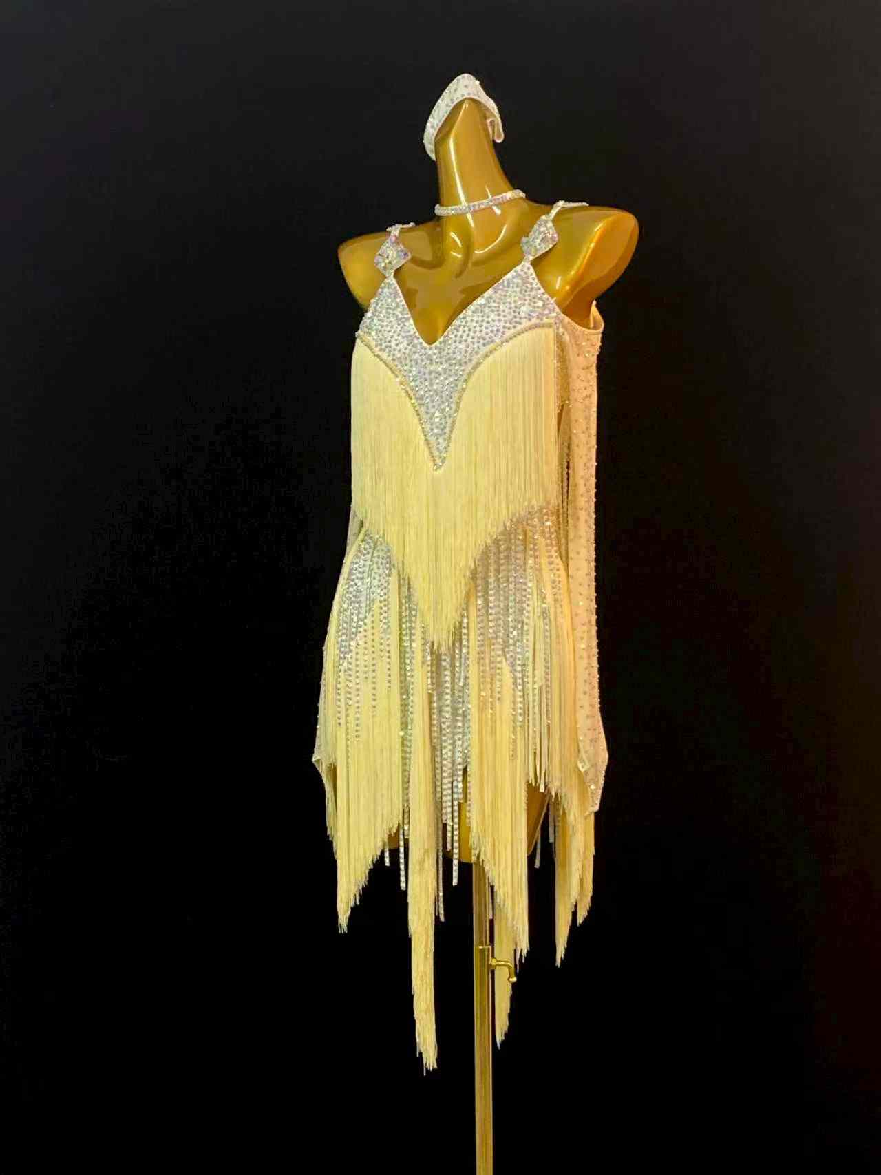 Custom Size Light Yellow Latin Dance Dresses for Women Girls Salsa Rumba Chacha Dancing Costumes