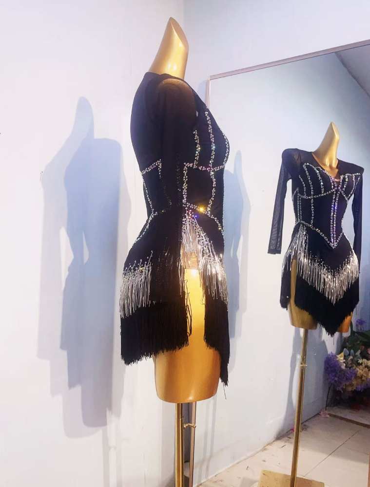 Custom Size Black Bling Fringe Latin Dance Dresses Salsa Rumba Blackpool Latin Dance Costume
