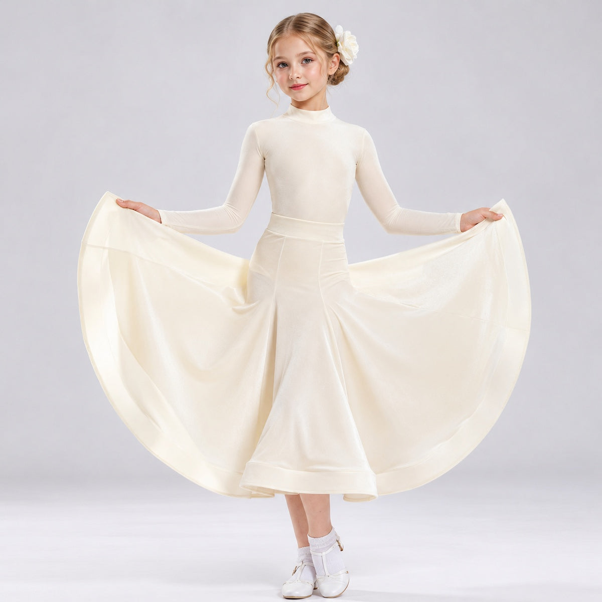Ivory Velvet Ballroom Dance Dresses for Girls Kids Waltz Tango Perform Gown