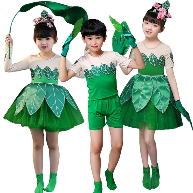 Children's performance clothes hoe grass performance clothes fun in the rain Jasmine dance clothes Xiao chorus clothes green pengpeng skirt - Moderndancedress.com
