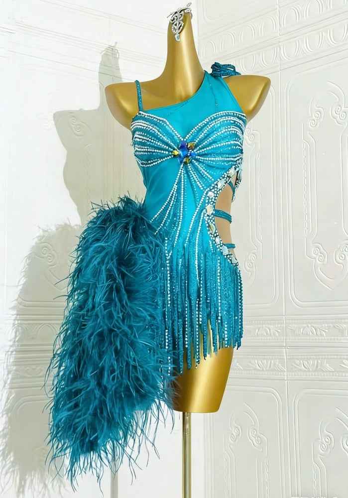 Custom Size Emerald Green Feather Latin Dance Dress, Rhinestone Samba Rumba Professional Rhythm Wear