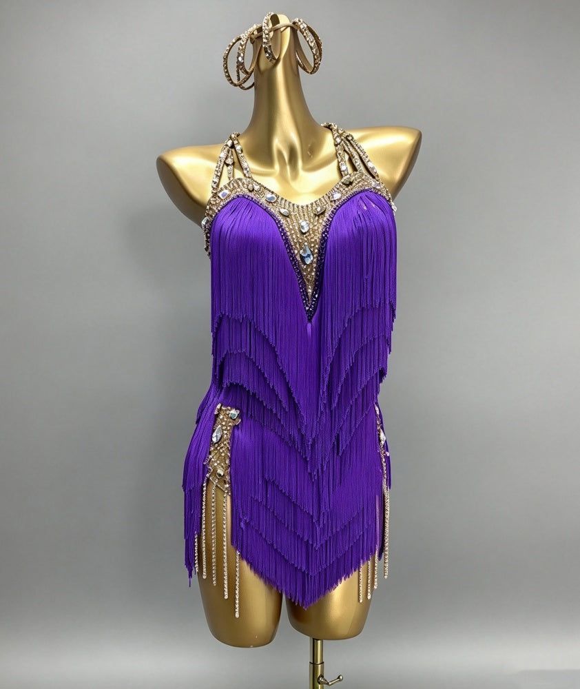 Custom Purple Rhinestone Competition Latin Dance Dress Fringe Salsa Rhythm Costume